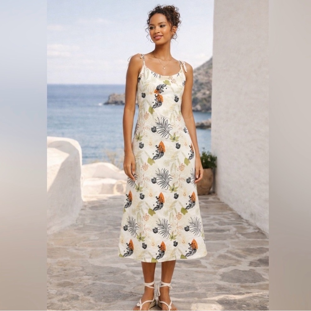 Charlie Holiday Cream Midi Dress with Orange & Green Floral Print